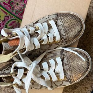 Coach Indiana Signature Monogram Sneakers with Metallic Gold Accents
